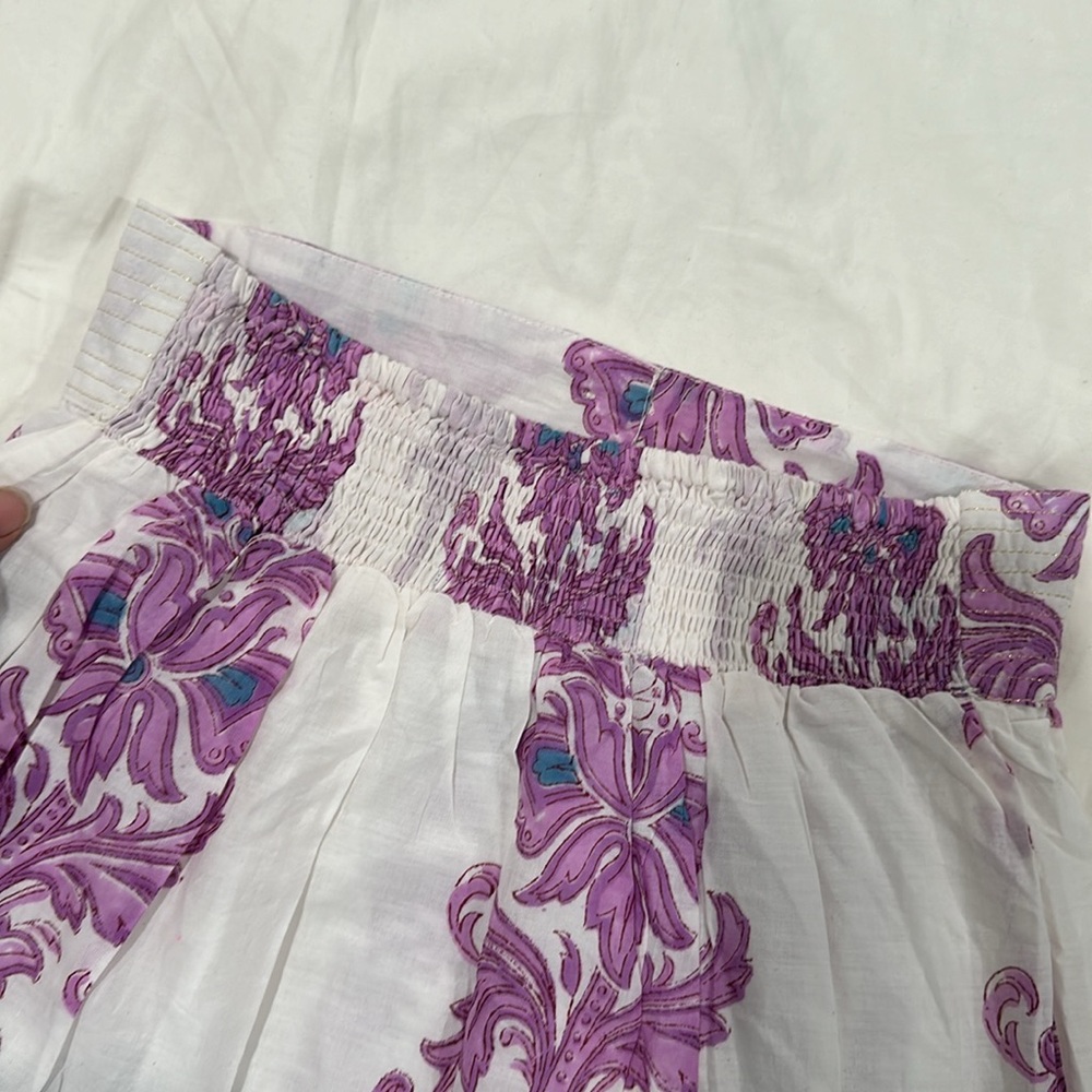 Boho Tiered Maxi Skirt in White with Purple Floral and Coral Border - Picture 15 of 15